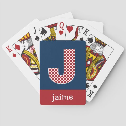 Navy en Red Polka Dots met Monogram Letter J Speelkaarten (Achterkant)