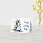 Navy en rode fietser Verjaardag Kaart (Gele Bloem)