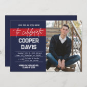 Navy en Rode Foto Afstudeerfeest Uitnodiging (Voorkant / Achterkant)