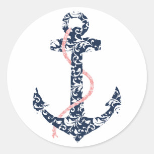 Navy en roze anker strand bruiloft ronde sticker