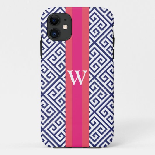 Navy en Roze Griekse Sleutel Monogram Case-Mate iPhone Case (Achterkant)