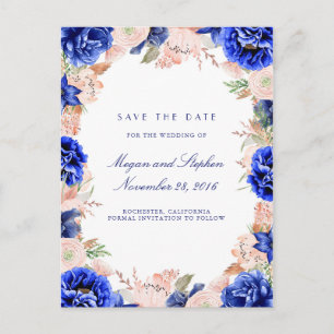 Navy en Roze Waterverf Flowers Save the Date Aankondigingskaart