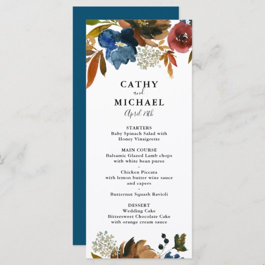 Navy en Rust Waterverf Bloemenbruiloft Menu Kaart (Voorkant / Achterkant)
