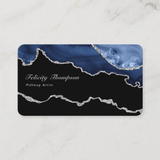 Navy en Silver Agaat Precious Stone QR Code Visitekaartje (Voorkant)