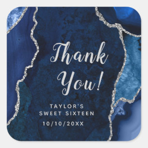 Navy en Silver Agaat Sweet Sixteen Dank u Vierkante Sticker