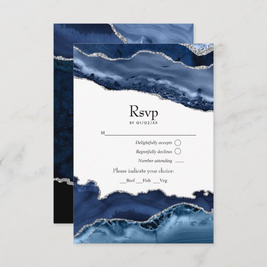 Navy en Silver Agate Wedding RSVP Kaartje (Voorkant / Achterkant)