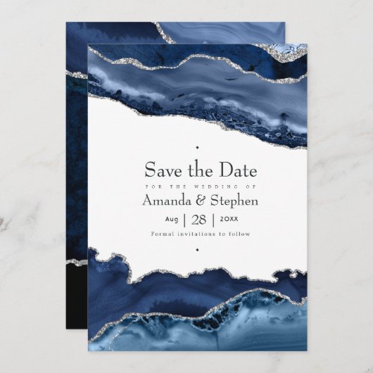Navy en Silver Agate Wedding Save The Date (Voorkant / Achterkant)