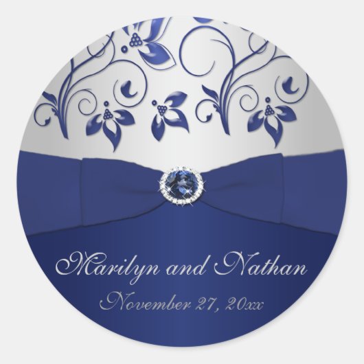 Navy en Silver Floral 1,5" ronde Sticker (Voorkant)