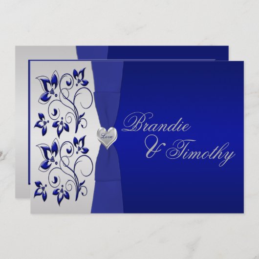 Navy en Silver Floral bruiloft uitnodiging (Voorkant / Achterkant)