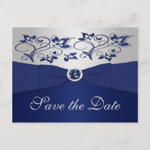 Navy en Silver Floral Save the Date Briefkaart