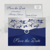 Navy en Silver Floral Save the Date Briefkaart (Voorkant / Achterkant)