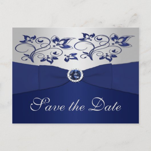 Navy en Silver Floral Save the Date Briefkaart (Voorkant)