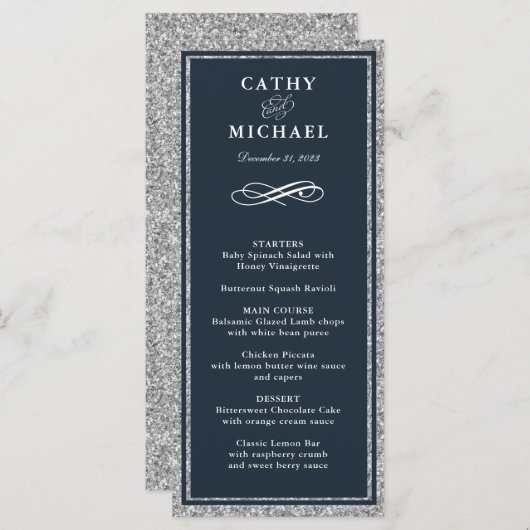 Navy en Silver Glitter gepersonaliseerde Menu Kaar (Voorkant / Achterkant)