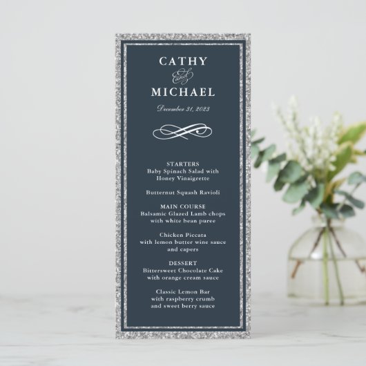 Navy en Silver Glitter gepersonaliseerde Menu Kaar (Staand voorkant)