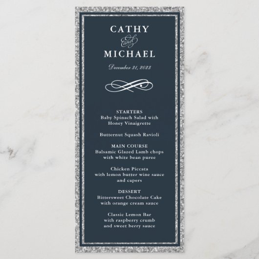 Navy en Silver Glitter gepersonaliseerde Menu Kaar (Voorkant)