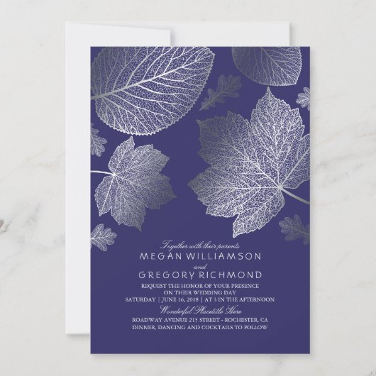 Navy en Silver Leaves  Fall Wedding Kaart (Voorkant)