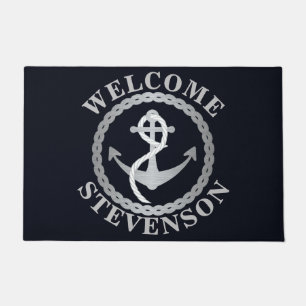 Navy en Silver Nautical Sailing Welkom Mat
