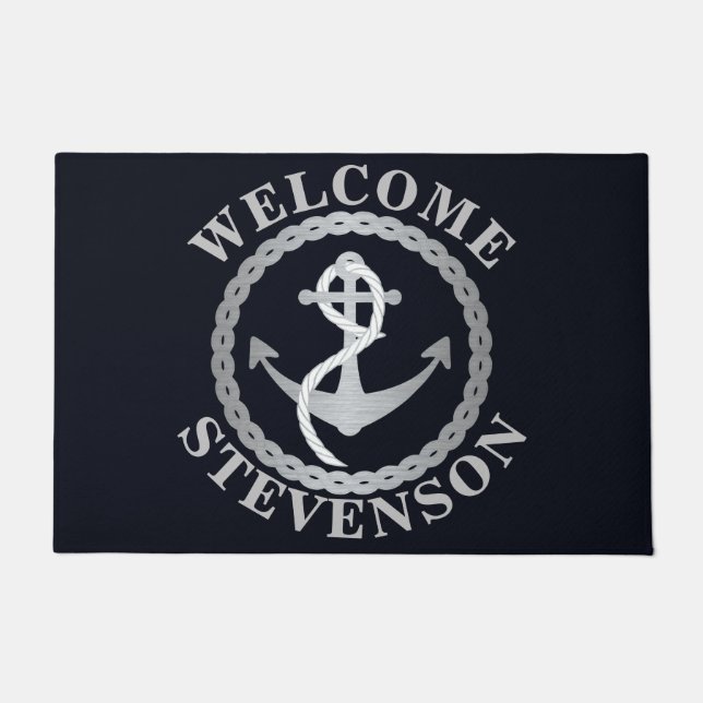 Navy en Silver Nautical Sailing Welkom Mat (Voorkant)