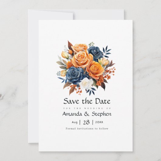Navy en Sinaasappel Bloemen bruiloft Save The Date (Voorkant)