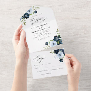 Navy en stoffige blauw waterverf bloemenbruiloft all in one uitnodiging