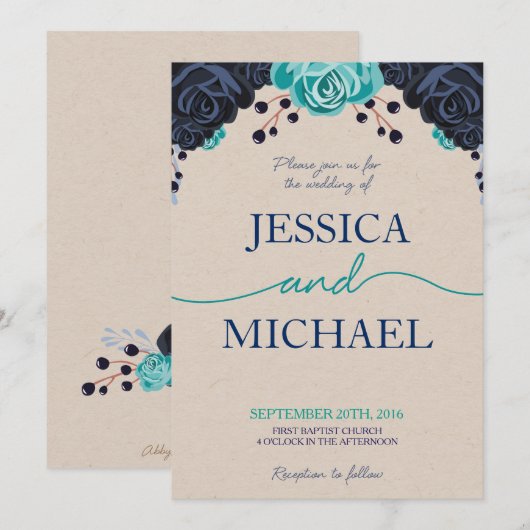 Navy en Turquoise Floral Wedding Invitation Kaart (Voorkant / Achterkant)