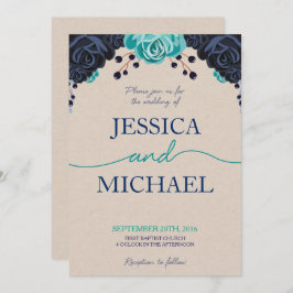 Navy en Turquoise Floral Wedding Invitation Kaart