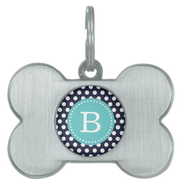 Navy en Turquoise Stippen Custom Monogram Huisdieren Naamplaatje (voorkant)
