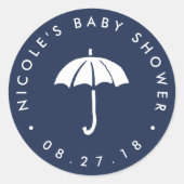 Navy en witte paraplu Baby shower Ronde Sticker (Voorkant)