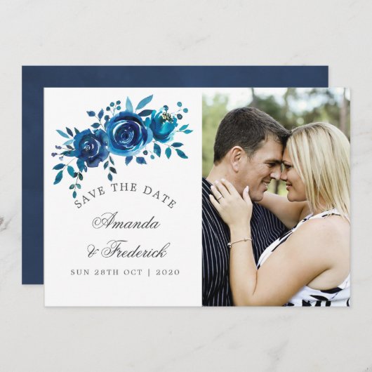 Navy en Witte Waterverf Bruiloft Save the Date (Voorkant / Achterkant)