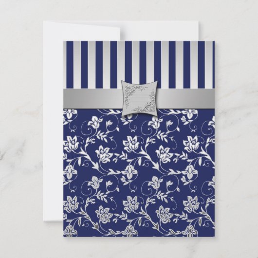 Navy en Zilveren Bloem Rank RSVP Kaart (Voorkant)
