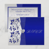 Navy en zilveren bloemen met zilveren hart RSVP (Voorkant / Achterkant)