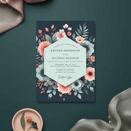 Navy Ethereal Floral Bloom Wedding Kaart
