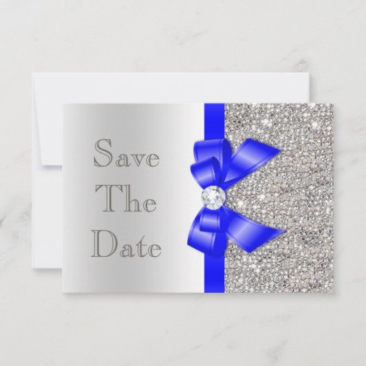 Navy Faux Bow Silver Sequins slaat de datum op Save The Date (Voorkant)