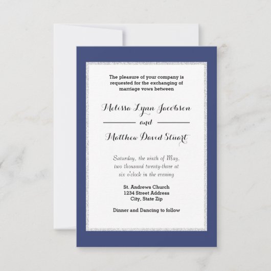 Navy & Faux Glitter Cadre - Invitation de mariage  (Devant)