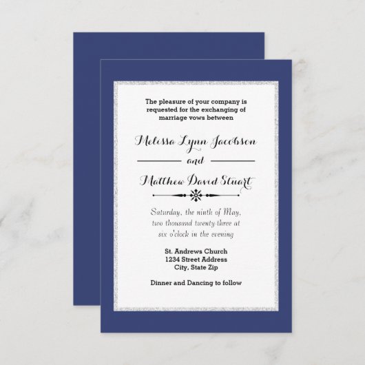 Navy & Faux Glitter Framed - 3x5Weddenschap Kaart (Voorkant / Achterkant)