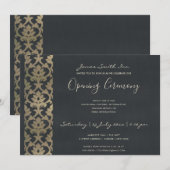 NAVY FAUX SILVER DAMASK GRAND OPENING CEREMONY KAART (Voorkant / Achterkant)