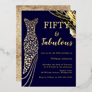 Navy Fifty & Fabulous Gouden Jurk 50ste Verjaardag Folie Uitnodiging