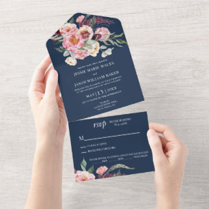 Navy Floral Blush Pink Wedding All In One Uitnodiging