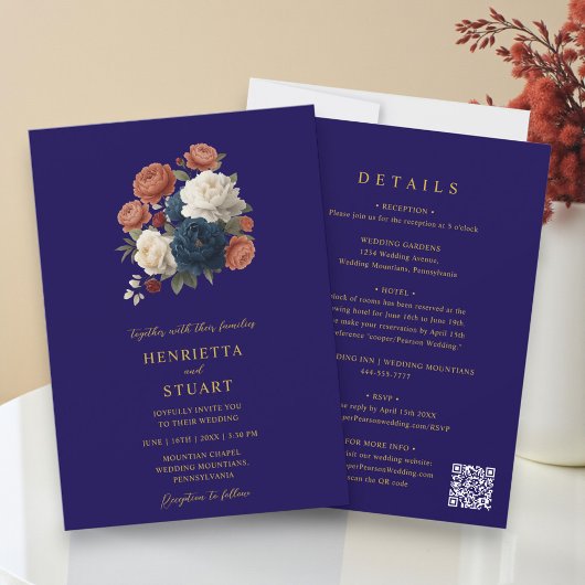 Navy Floral Botanical All-in-One Wedding Kaart