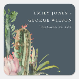 NAVY FLORAL CACTI FOLIAGE WATERVERF WEDING VIERKANTE STICKER