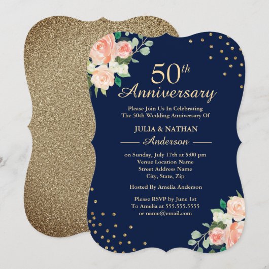 Navy Floral Confetti 50th Wedding Jubileum Kaart (Voorkant / Achterkant)