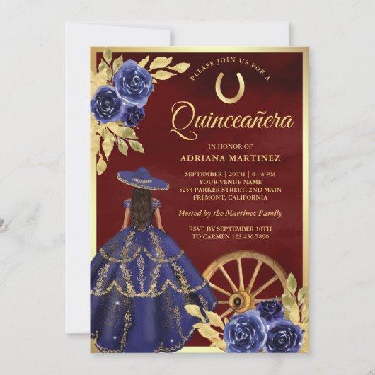 Navy Floral Dress Charro Bourgogne Quinceanera Kaart (Voorkant)