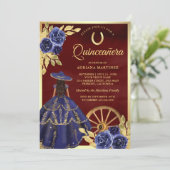 Navy Floral Dress Charro Bourgogne Quinceanera Kaart (Staand voorkant)