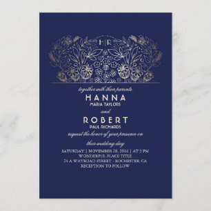 Navy Floral - Eternal Romance Gold Wedding Kaart