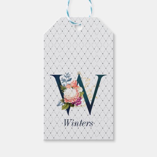 Navy Floral Monogram W Cadeaulabel (Voorkant)