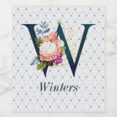 Navy Floral Monogram W Wijn Etiket (Enkel label)