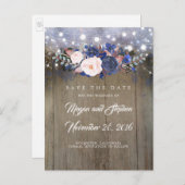 Navy Floral Rustic Save the Date Aankondigingskaart (Voorkant / Achterkant)