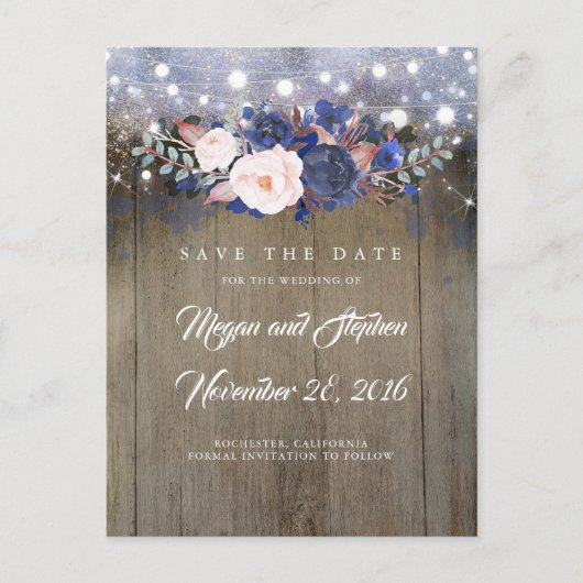 Navy Floral Rustic Save the Date Aankondigingskaart (Voorkant)