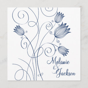 Navy Floral Swirls White Post Wedding Invita Kaart
