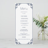 Navy Flourish Wedding Dinner Menu Kaarten (Staand voorkant)